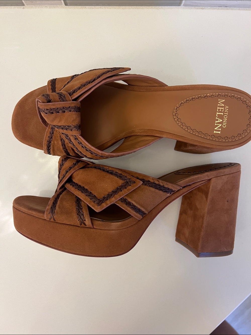 ANTONIO MELANI Tan Suede Braided Knot Slide Sandals